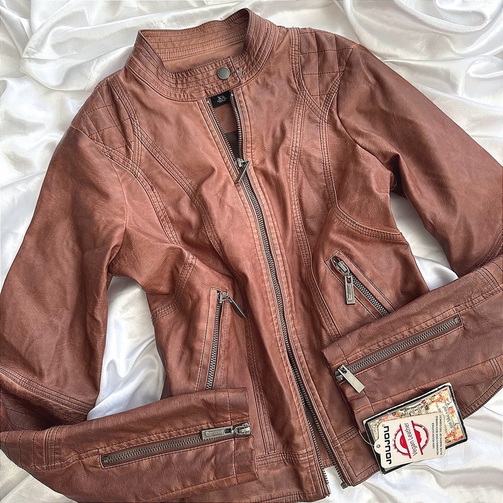 Joujou Brown Vegan Leather Moto Jacket Quilted Biker XS NEW